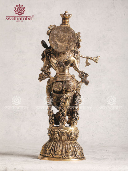 Pure Brass Lord Krishna With Cow Statue - 28" Height