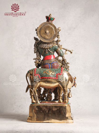 Brass Krishna Cow Home Décor With Stone Work
