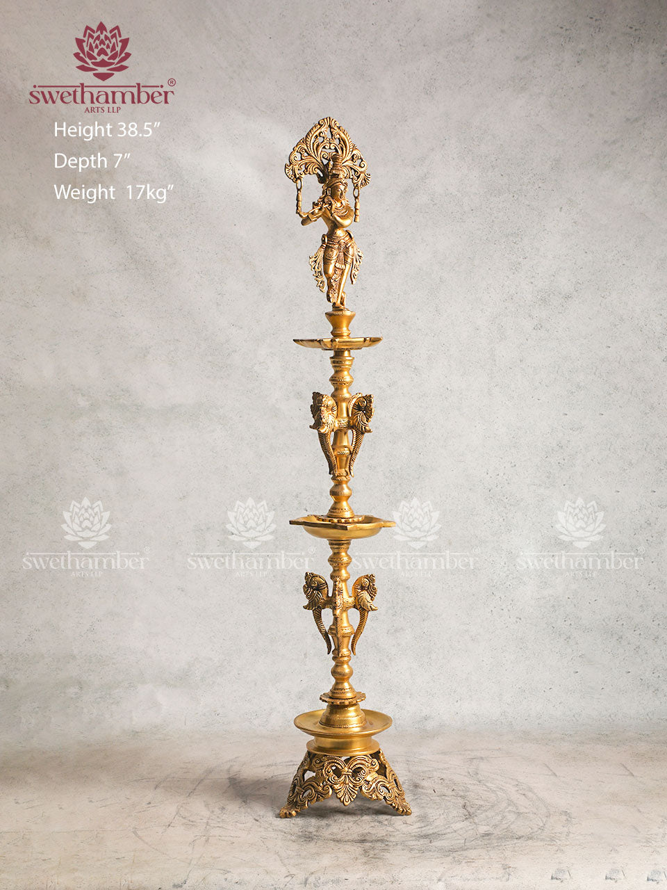 BRASS STANDING KRISHNA LAMP SET