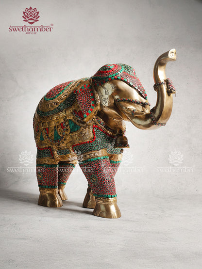 Brass Elephant Statue With Colorful Stones Work 22"