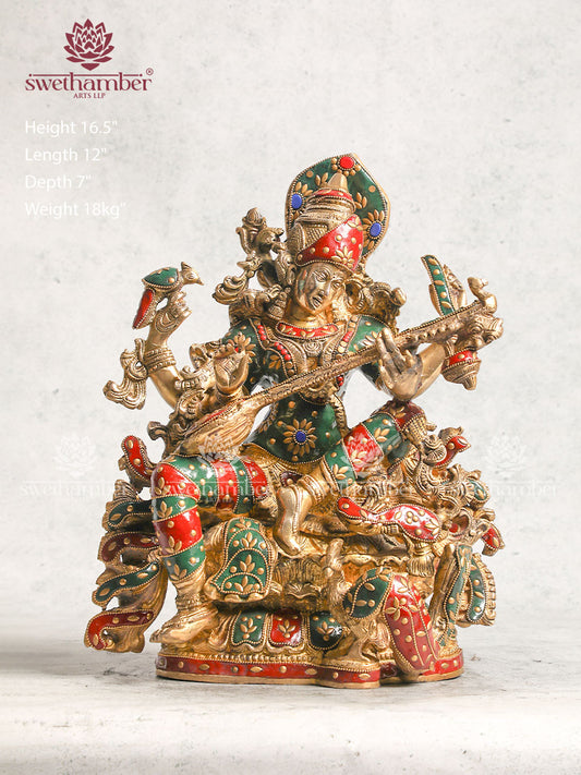 Brass Saraswati Idol for Home Use and Study Rooms