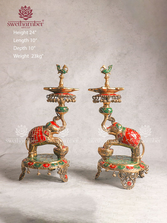Swethamber Arts Elephant Brass Oil Lamp Pair with Color Work