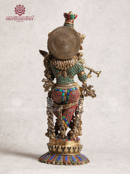 Brass Krishna With Lotus Base Idol With Stone Work