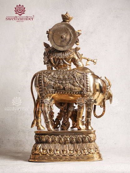 Brass Radha Krishna With Cow Statue