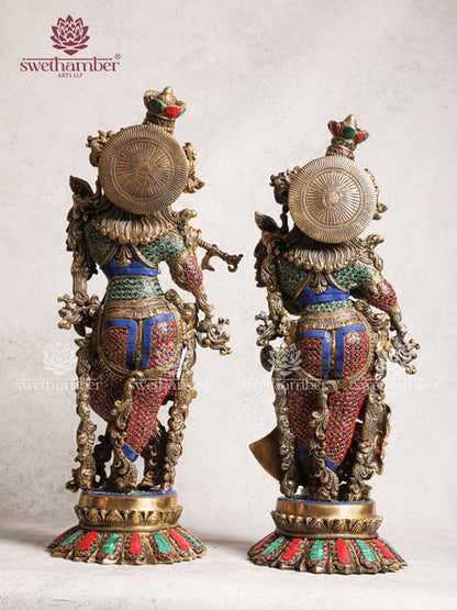 Brass Radha Krishna Idol Lotus Base With Multicoloured Stone Work For Home Décor