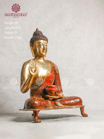 Brass Buddha With Blessing Hand - Copper Red Colour For Decoration
