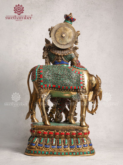 Brass Cow Krishna With Stone Work