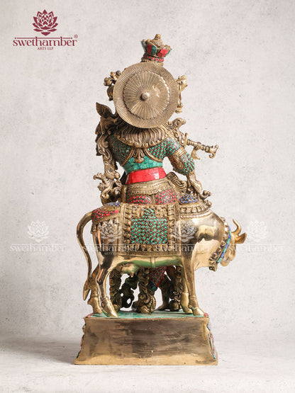 Antique Brass Radha Krishna  With Cow Stone Work