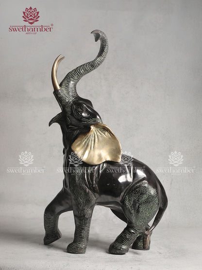 Pure Brass Trunk Up Elephant Statue In Green Patina Finish 28"