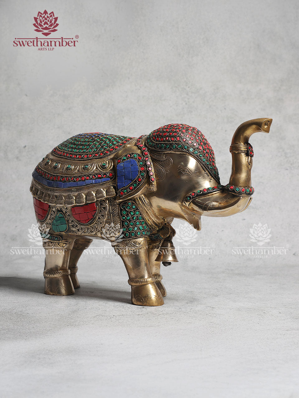 Brass Elephant Statue With Colorful Stones Work 10"