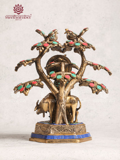 Cow Krishna With Tree Idol Stone Work Multicoloured