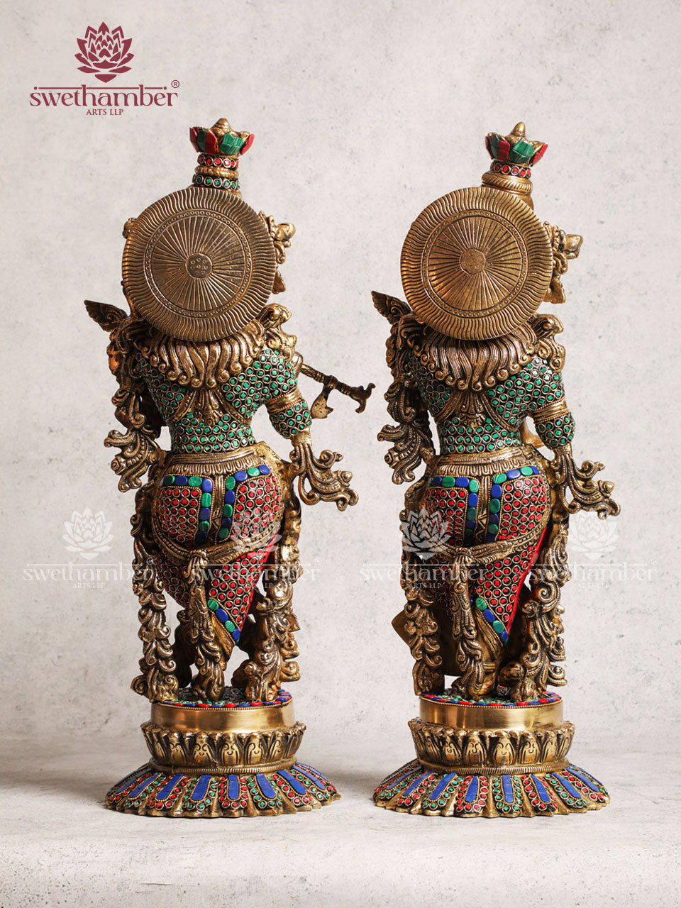 Brass Radha Krishna Idol Lotus Base With Multicoloured Stone Work For Home Décor