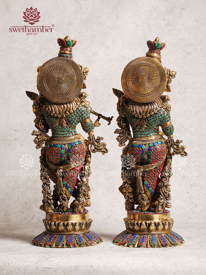 Brass Radha Krishna Idol Lotus Base With Multicoloured Stone Work For Home Décor