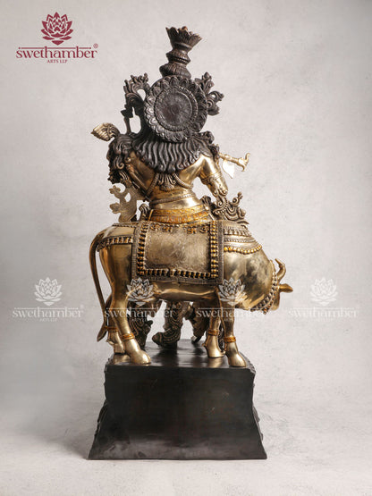 Brass Large Cow Krishna With Three Tone Colour