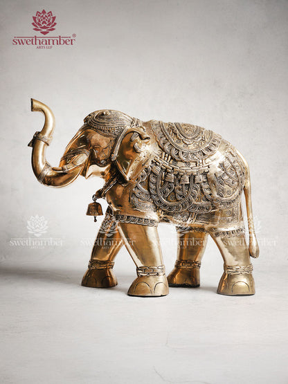 Brass Elephant Statue With Enhanced Carving 21"