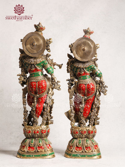 Handcrafted Radha Krishna Brass Idol Antique Finish With Stone Work