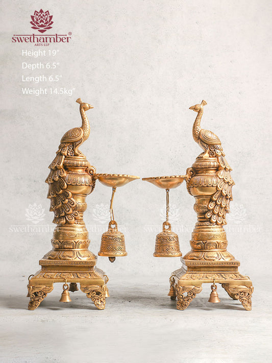 Decorative Brass Peacock Diya With Bell For Décoration And Festival Oil Lamps