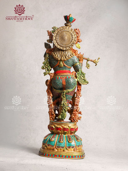 Brass Multicoloured Krishna Statue With Stone Work