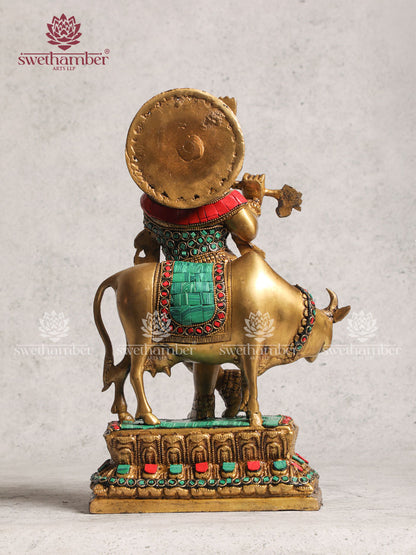 Brass Krishna Cow Home Décor With Stone Work