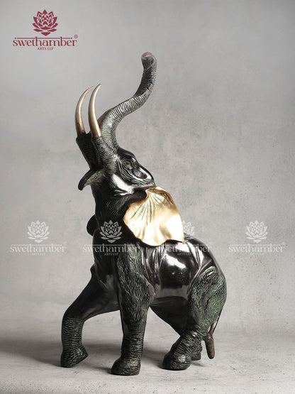 Pure Brass Trunk Up Elephant Statue In Green Patina Finish 28"