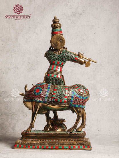 Brass Krishna With Cow Stone Work