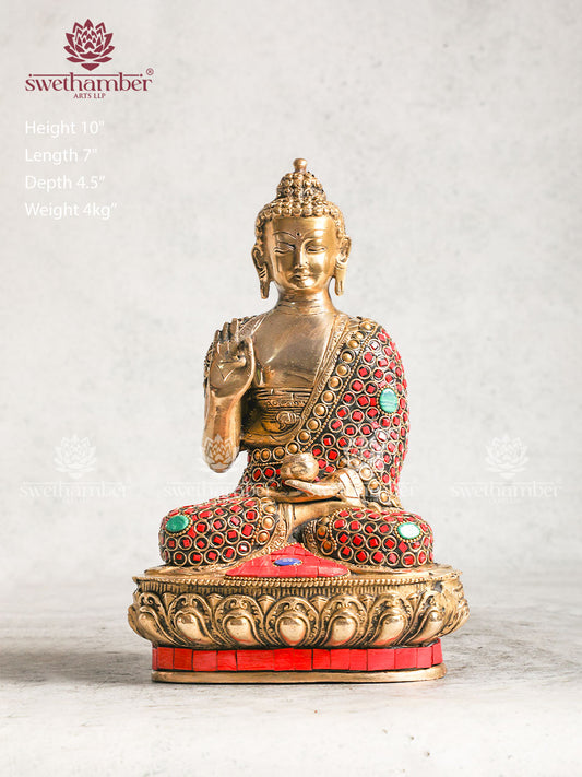 Brass Blessing Buddha With Multicoloured Stone Work