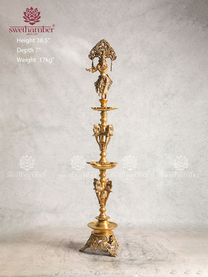 BRASS STANDING KRISHNA LAMP SET