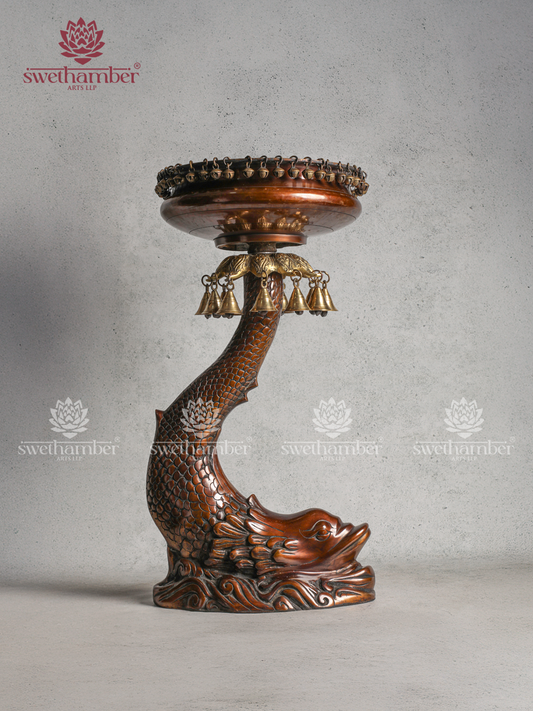 Brass Urli Bowl on Fish Stand with Hanging Bells & Ghungroos