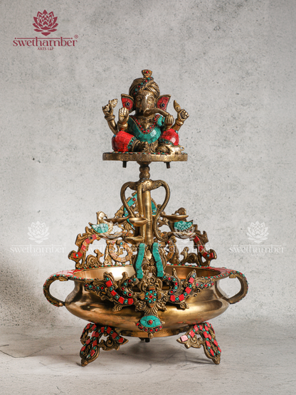Decorative Brass Ganesha Urli for Festive & Pooja Use