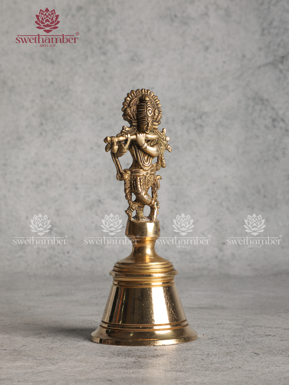 Brass Hand Bell with Lord Krishna – Pooja Bell