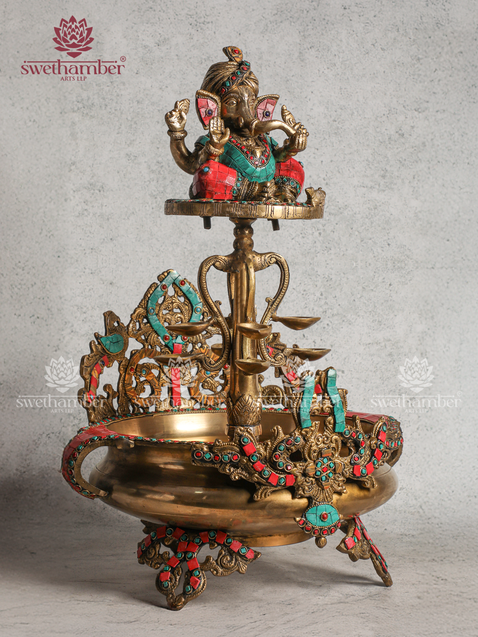 Decorative Brass Ganesha Urli for Festive & Pooja Use