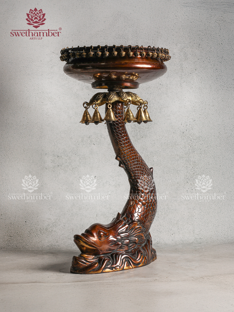 Brass Urli Bowl on Fish Stand with Hanging Bells & Ghungroos