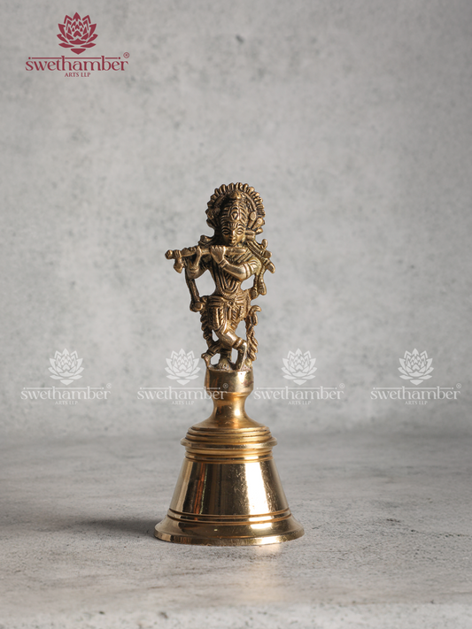 Brass Hand Bell with Lord Krishna – Pooja Bell