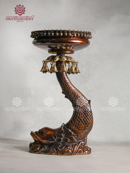Brass Urli Bowl on Fish Stand with Hanging Bells & Ghungroos