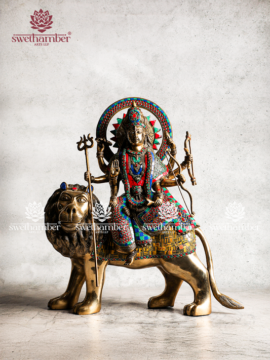 Brass Durga on Lion Idol for Home, Office & Temple Decor
