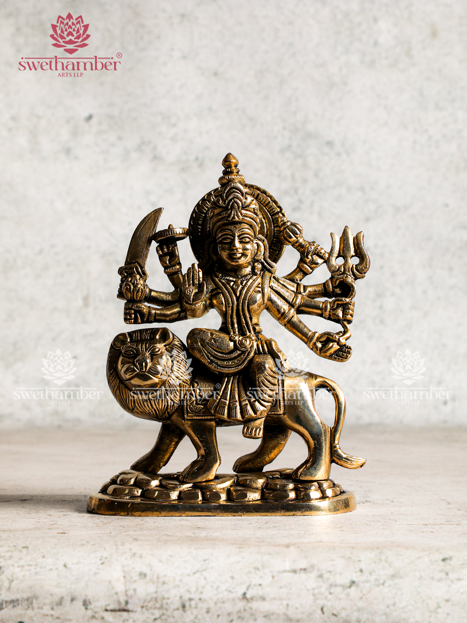 Durga statue with lion in Brass
