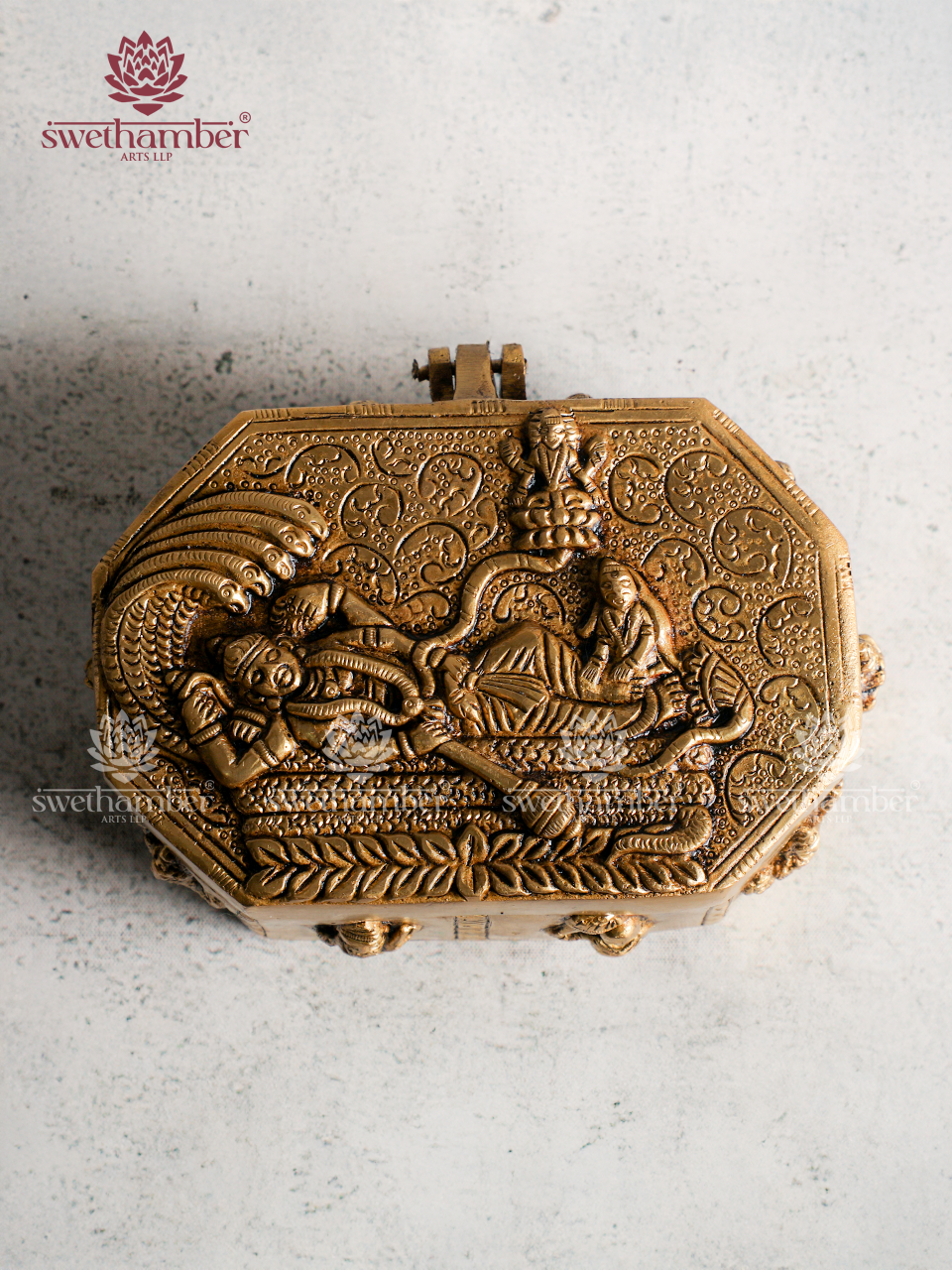 Traditional Brass Storage Box with Lord Vishnu on Sheshnag Lid