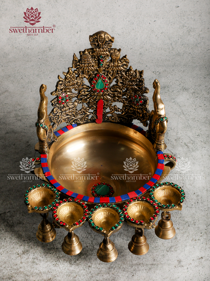Decorative Brass Urli with Bells and Diyas for Entrance Décor