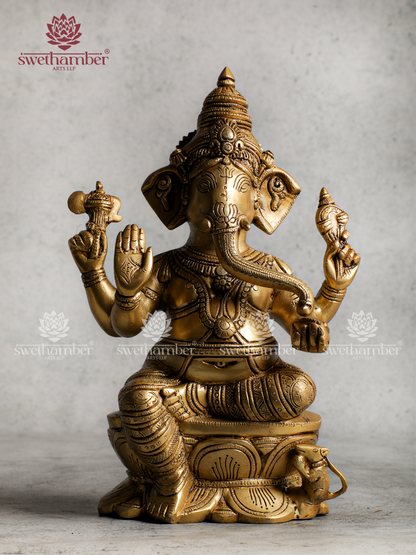Lord Ganesha Idol Seated on Lotus – Traditional Brass Statue