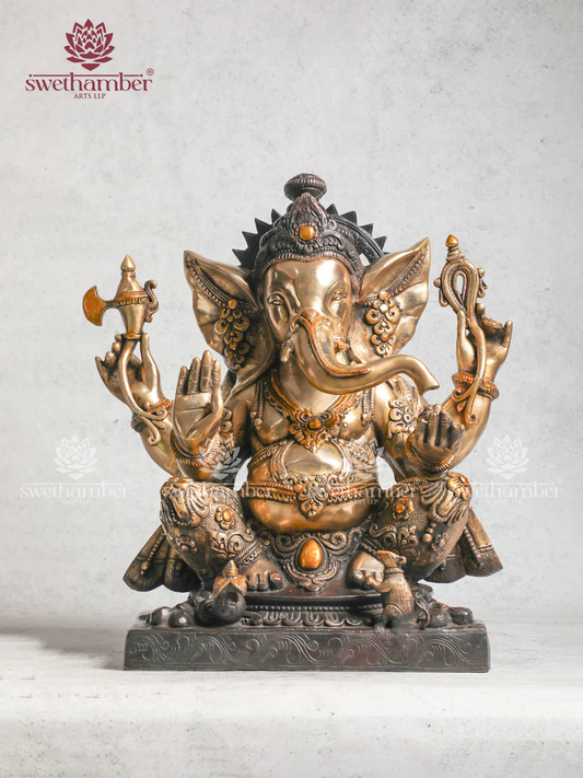Brass Ganesh Statue with Kalasha and Mouse