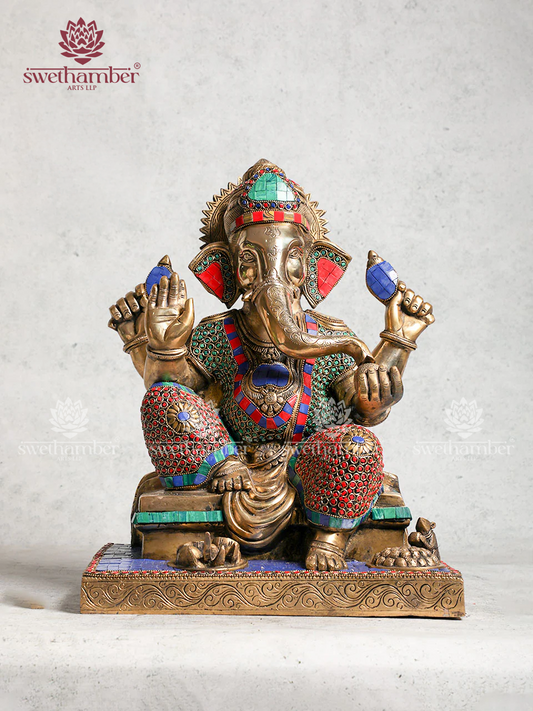 Brass Ganesha Idol With Multi Coloured Stone Work For Pooja & Home Décor