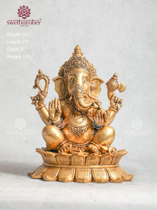 Super Fine Brass Ganesh Statue Sitting on Lotus
