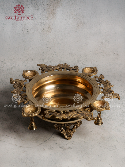 Traditional Brass Urli with Diyas & Bells | Premium Festive Decoration