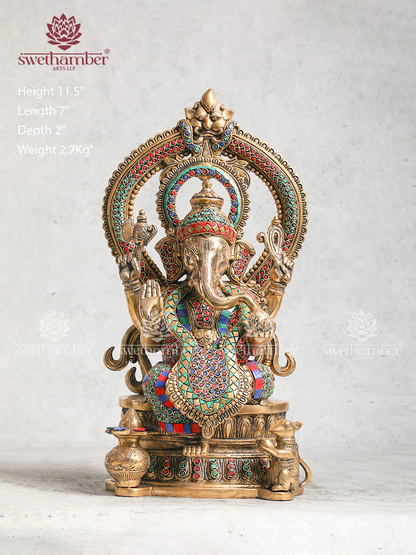 Ganesha Brass Sculpture With Stone Work