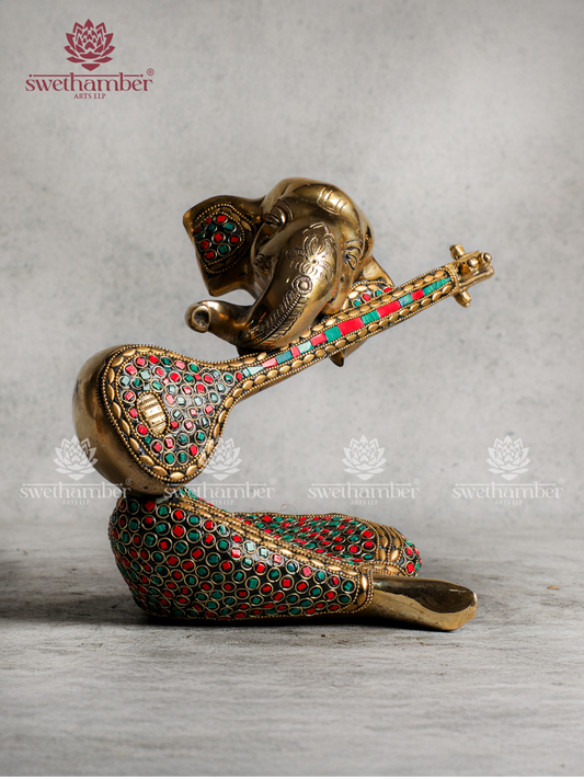 Modern Brass Veena Ganesh with stone work-Gifting/Decor