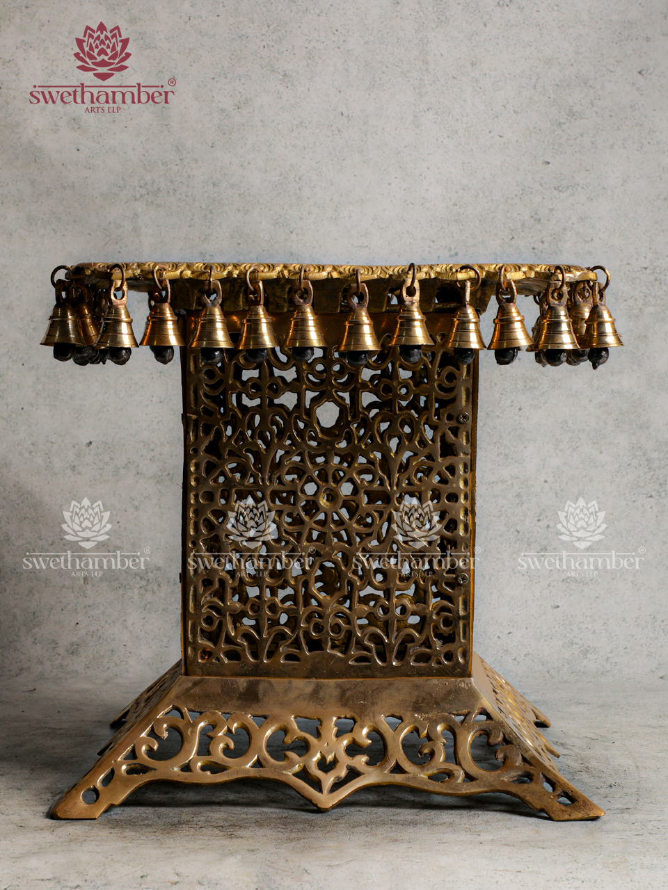 Handcrafted Brass Jali Stand with Bells | Traditional Decorative & Pooja Display Stand