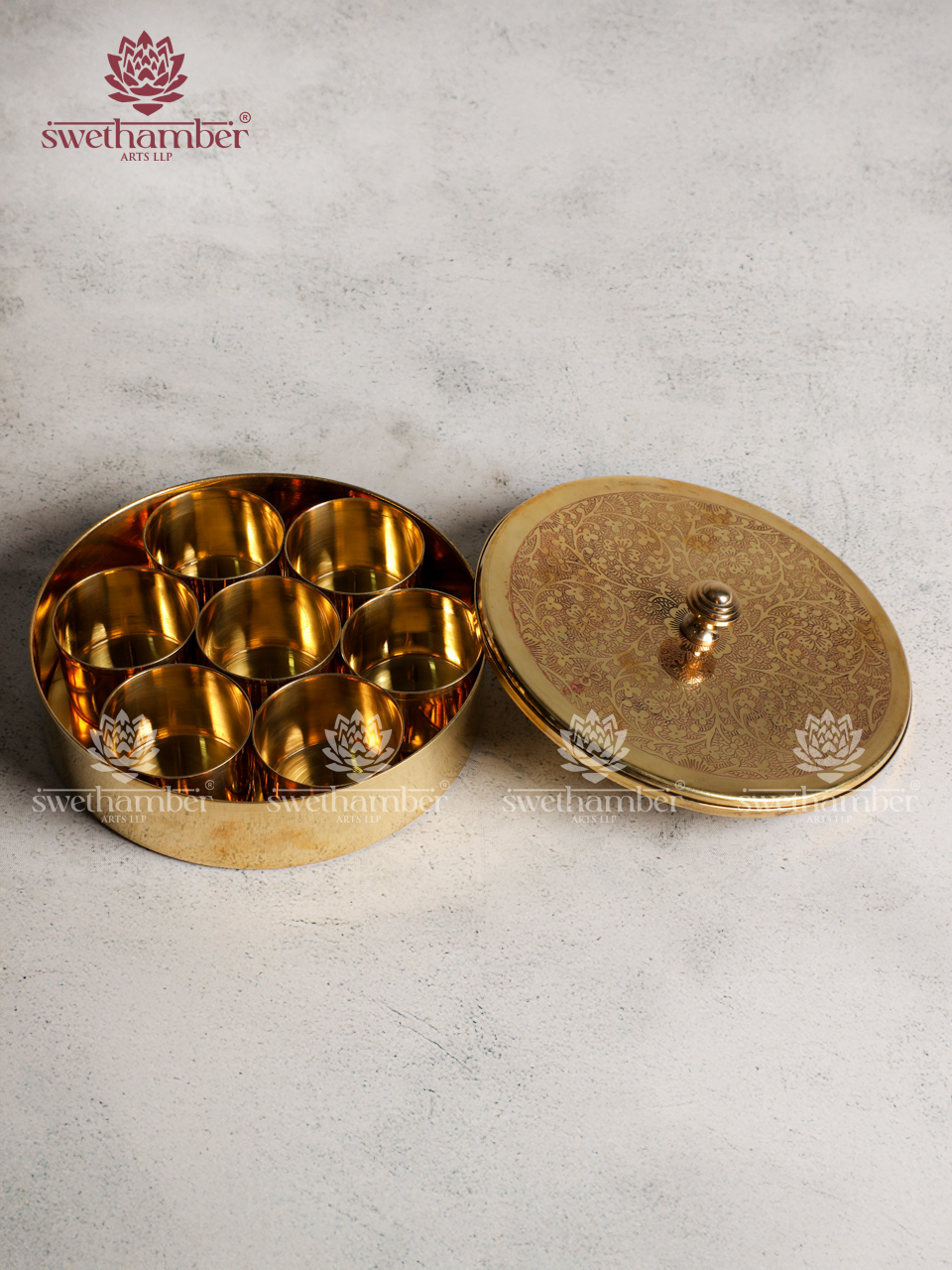Traditional Brass Masala Box with Lid – Indian Spice Storage Box