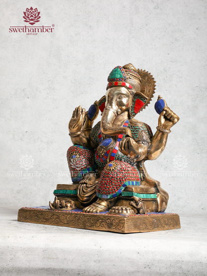 Brass Ganesha Idol With Multi Coloured Stone Work For Pooja & Home Décor