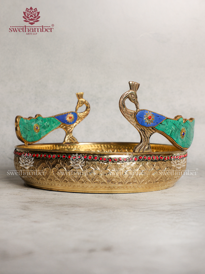 Brass Urli with Peacock on Sides | Traditional Decorative Brass Urli for Home & Pooja