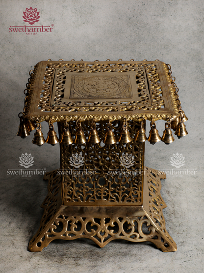 Handcrafted Brass Jali Stand with Bells | Traditional Decorative & Pooja Display Stand